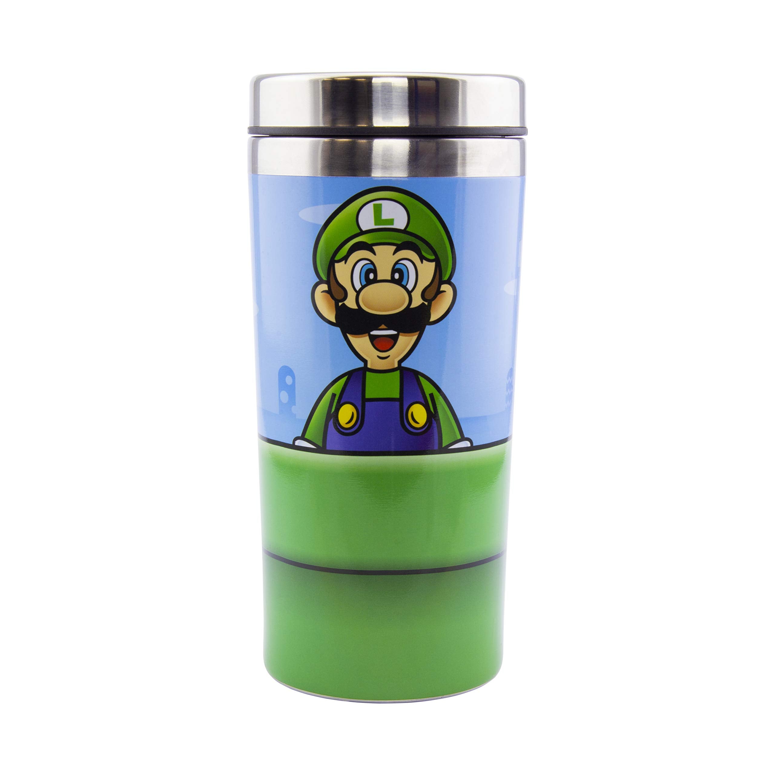 Paladone Super Mario Warp Pipe Travel Mug back design featuring classic characters for retro fans