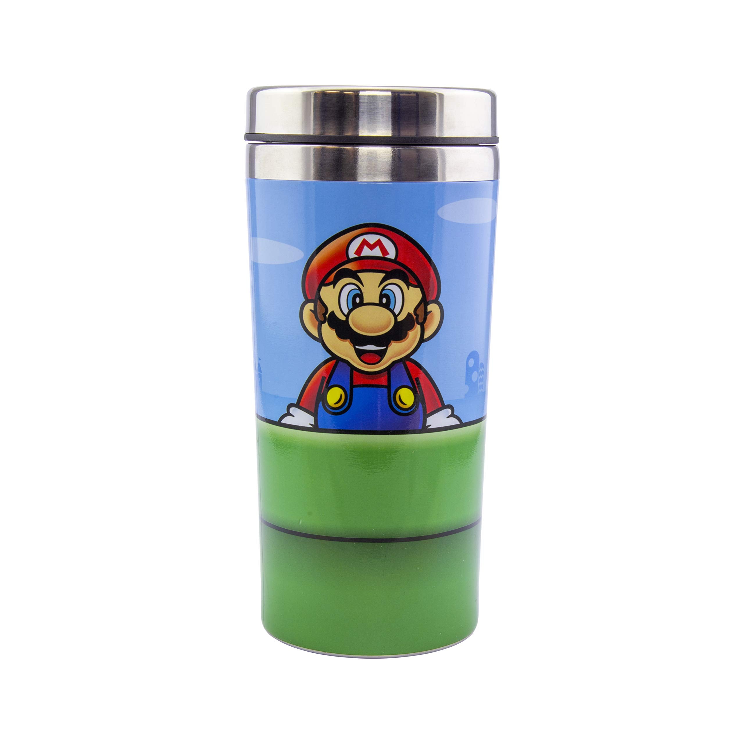 Paladone Super Mario Warp Pipe Travel Mug front view with Mario and Luigi for on-the-go coffee