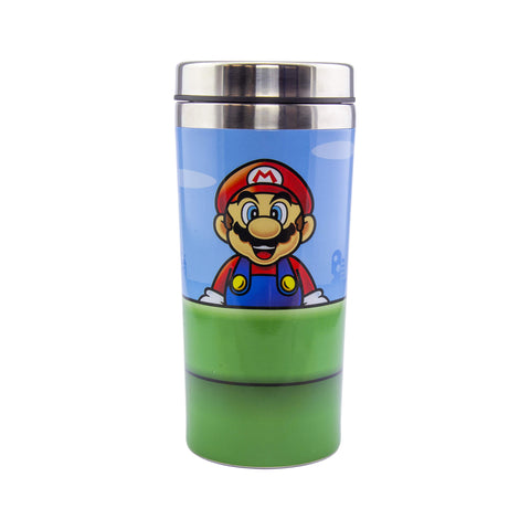 Paladone Super Mario Warp Pipe Travel Mug front view with Mario and Luigi for on-the-go coffee