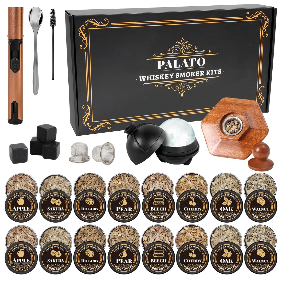 PALATO 27Pcs smoker kit front view elevates home cocktails with smoky aroma.