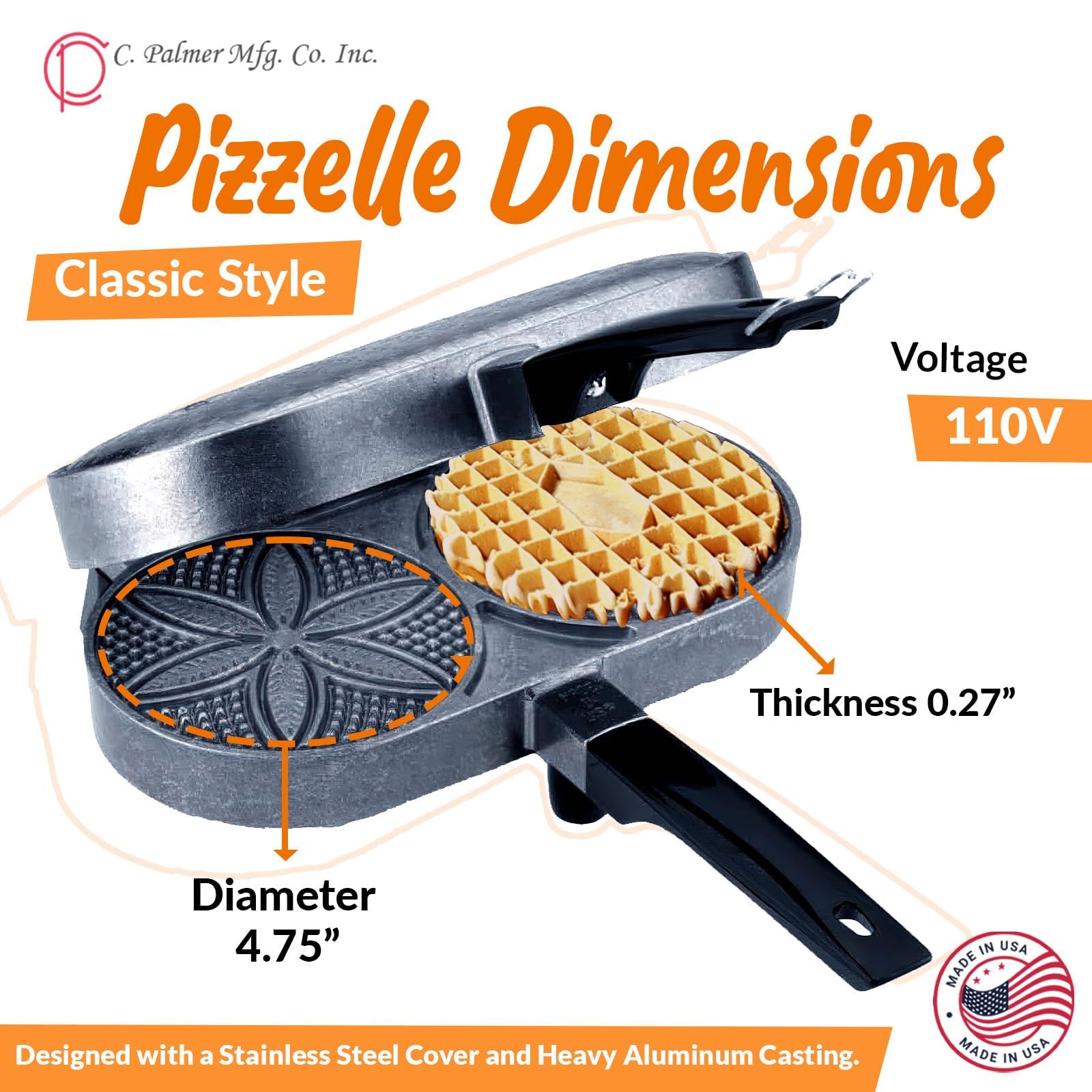 Palmer Pizzelle Iron Model 1000 aluminum construction emphasizes long-lasting performance