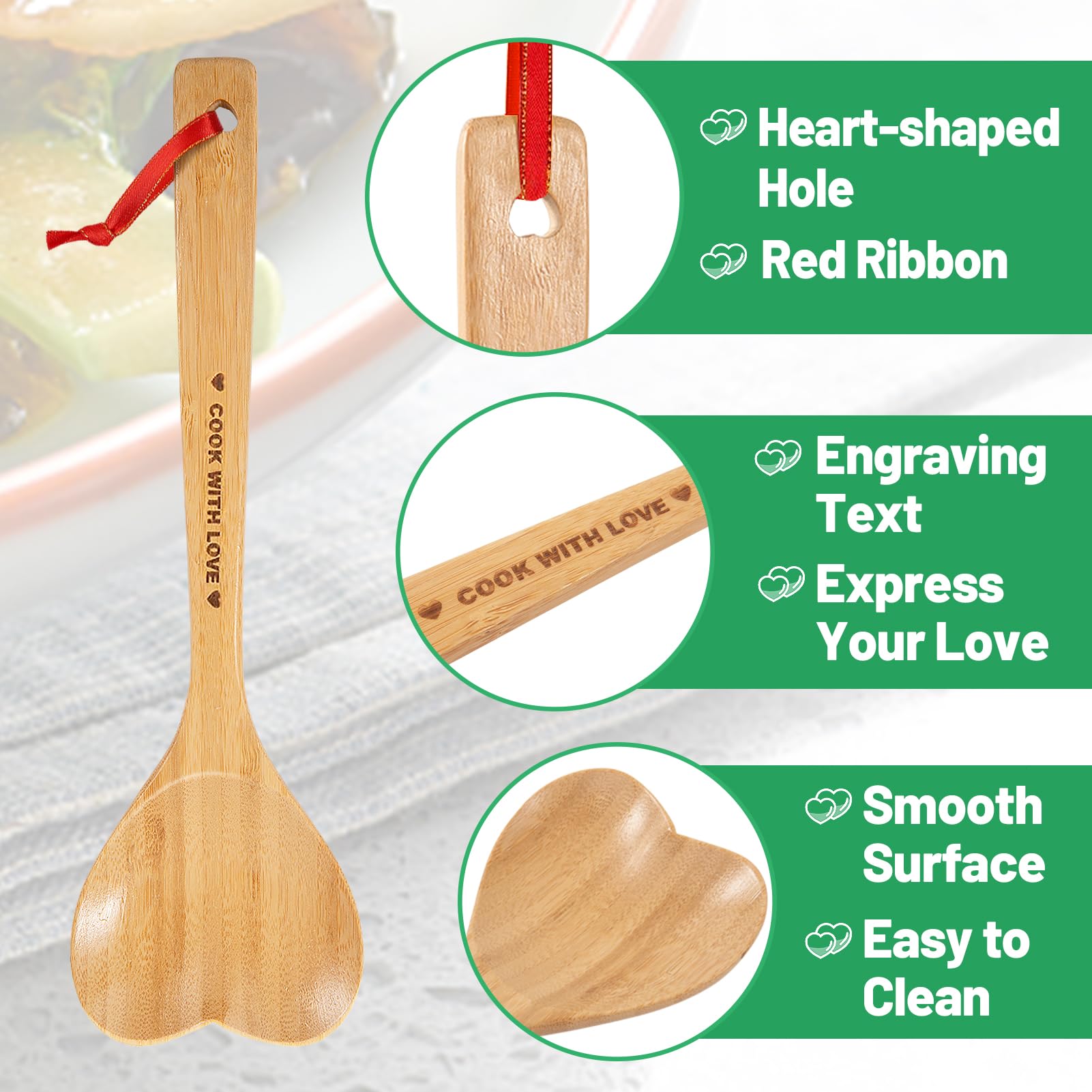PAMASE Bamboo Heart Shaped Spoon with engraved COOK WITH LOVE, charming gift idea.