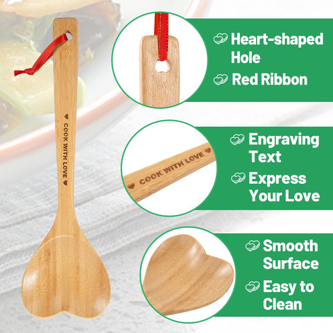 PAMASE Bamboo Heart Shaped Spoon with engraved COOK WITH LOVE, charming gift idea.