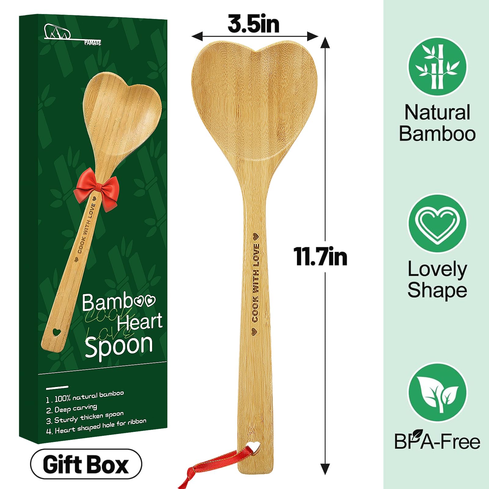 PAMASE Bamboo Heart Shaped Spoon handwash-only care for longevity.