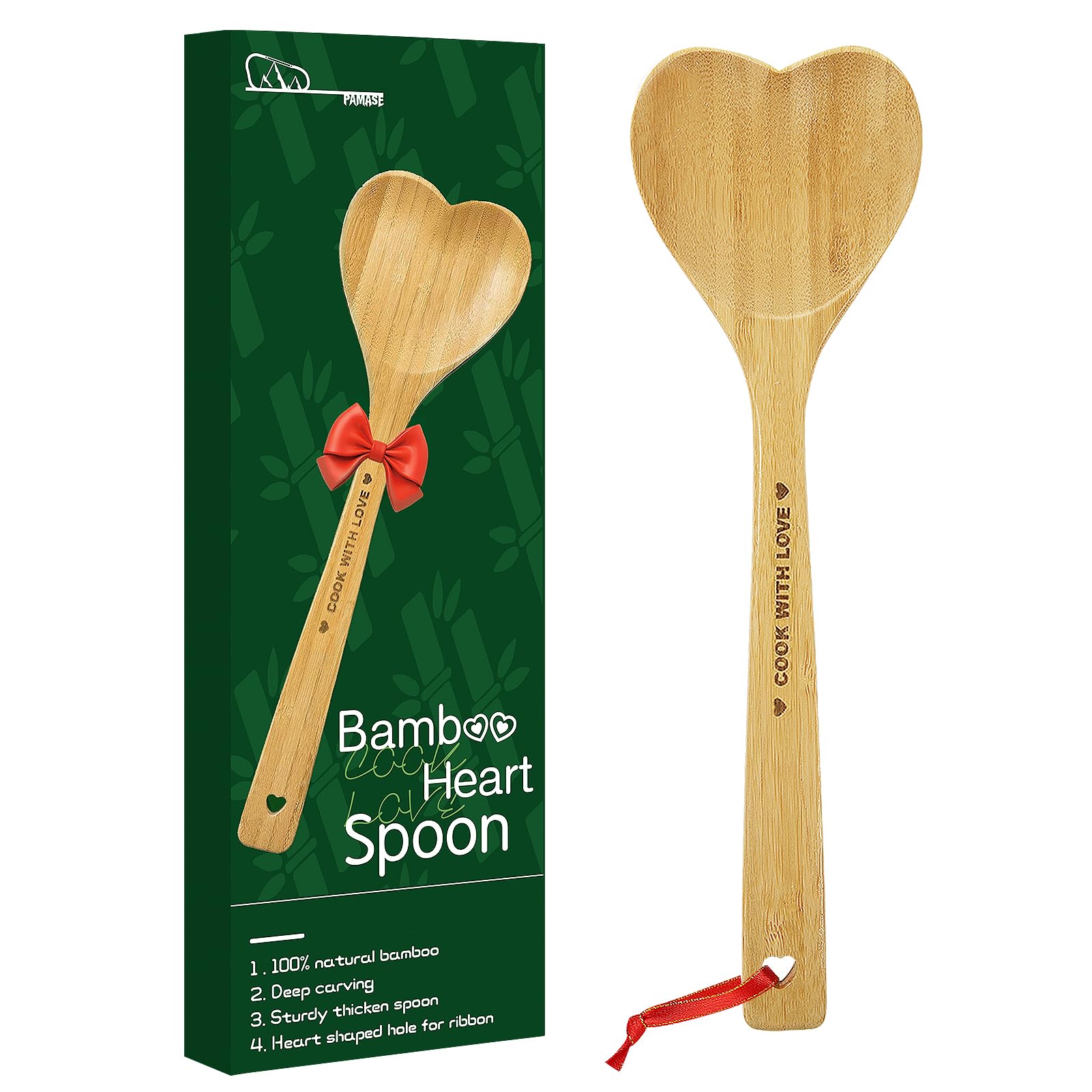 PAMASE Bamboo Heart Shaped Spoon hanging design for easy storage and romantic kitchen accent.