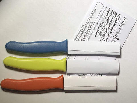 Pampered Chef 3-piece paring knife set in kitchen demonstrates compact efficiency for everyday tasks.