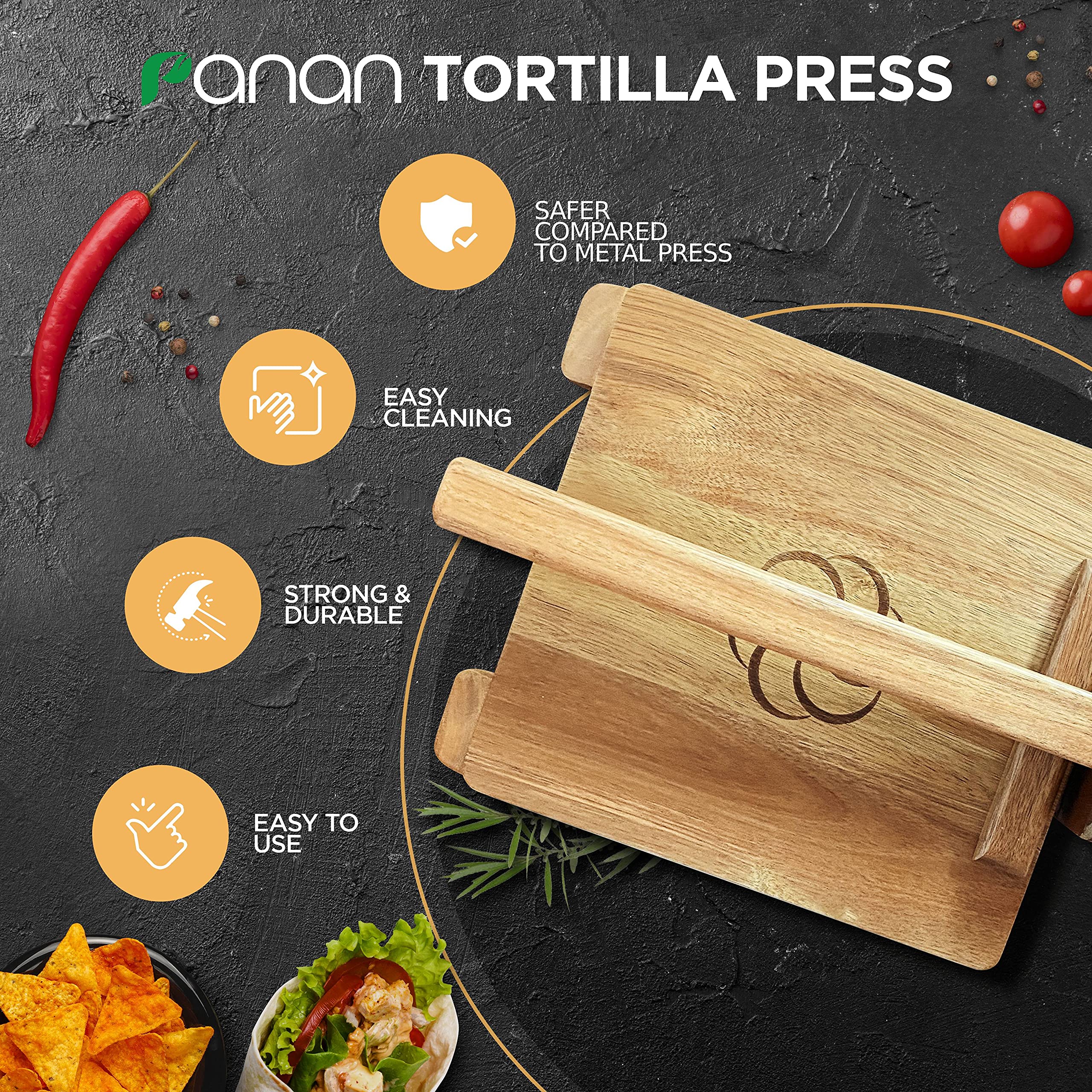 Panan tortilla press highlighting ergonomic dual-hand grips for left or right use