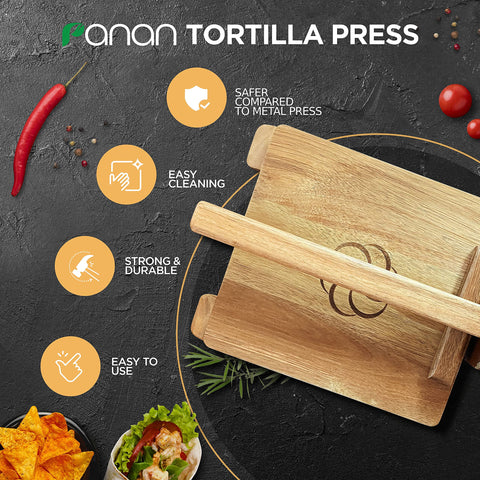 Panan tortilla press highlighting ergonomic dual-hand grips for left or right use