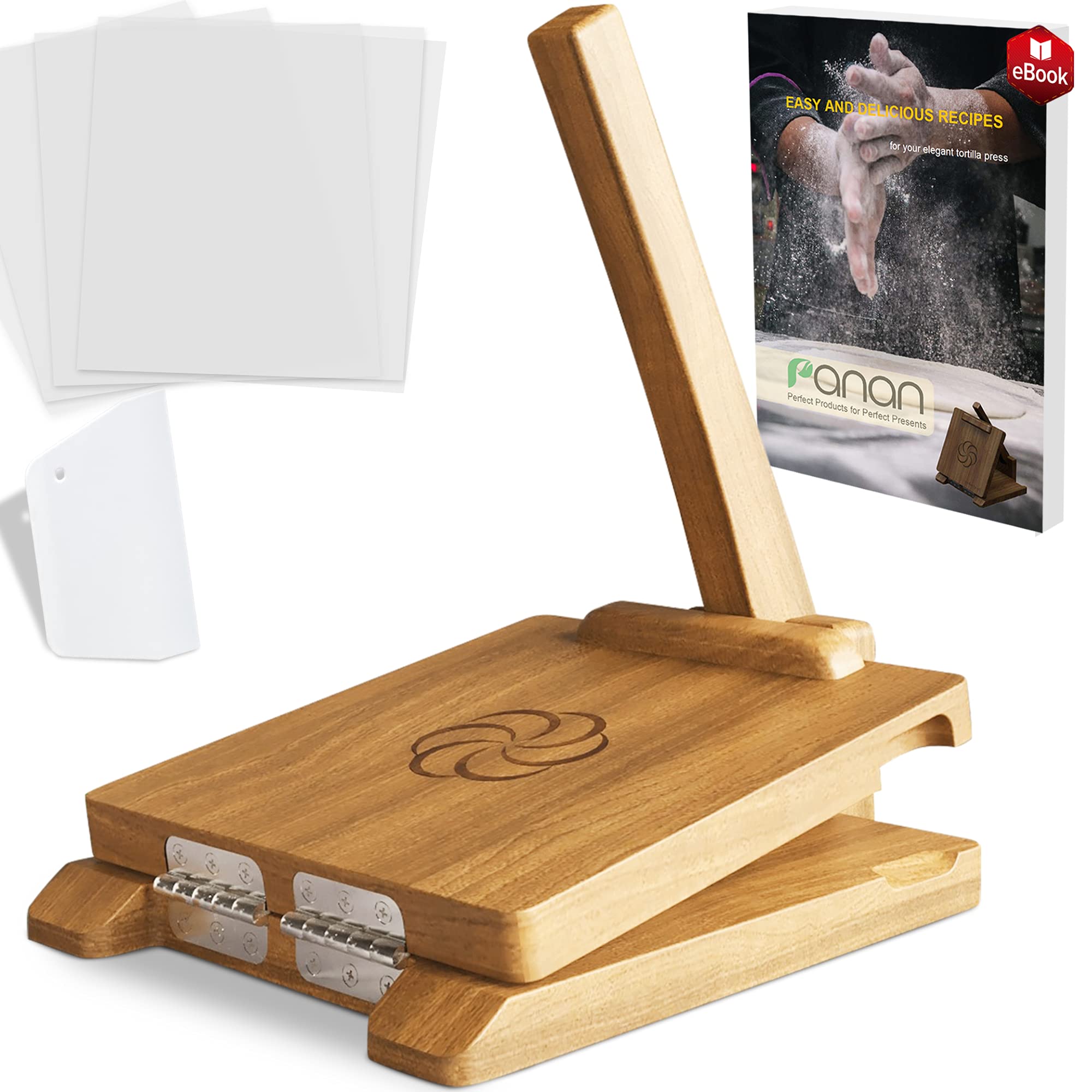 Panan wooden tortilla press showing natural acacia wood grain for authentic tortillas