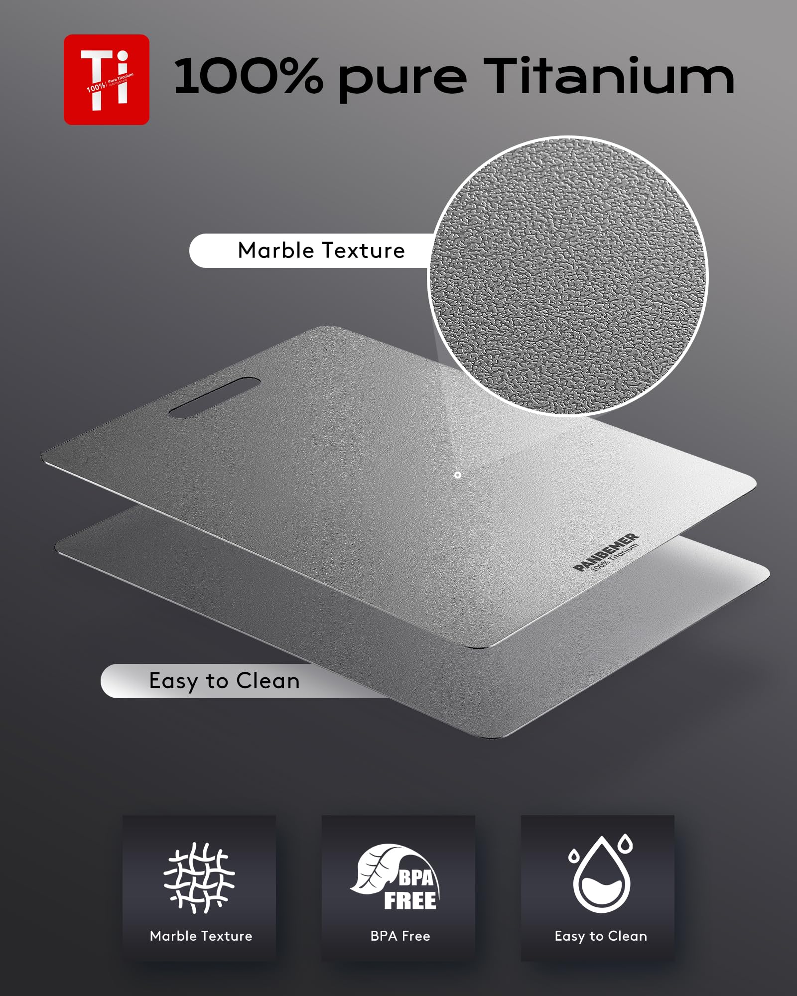 Panbemer titanium cutting board dishwasher-safe label—convenient cleaning.