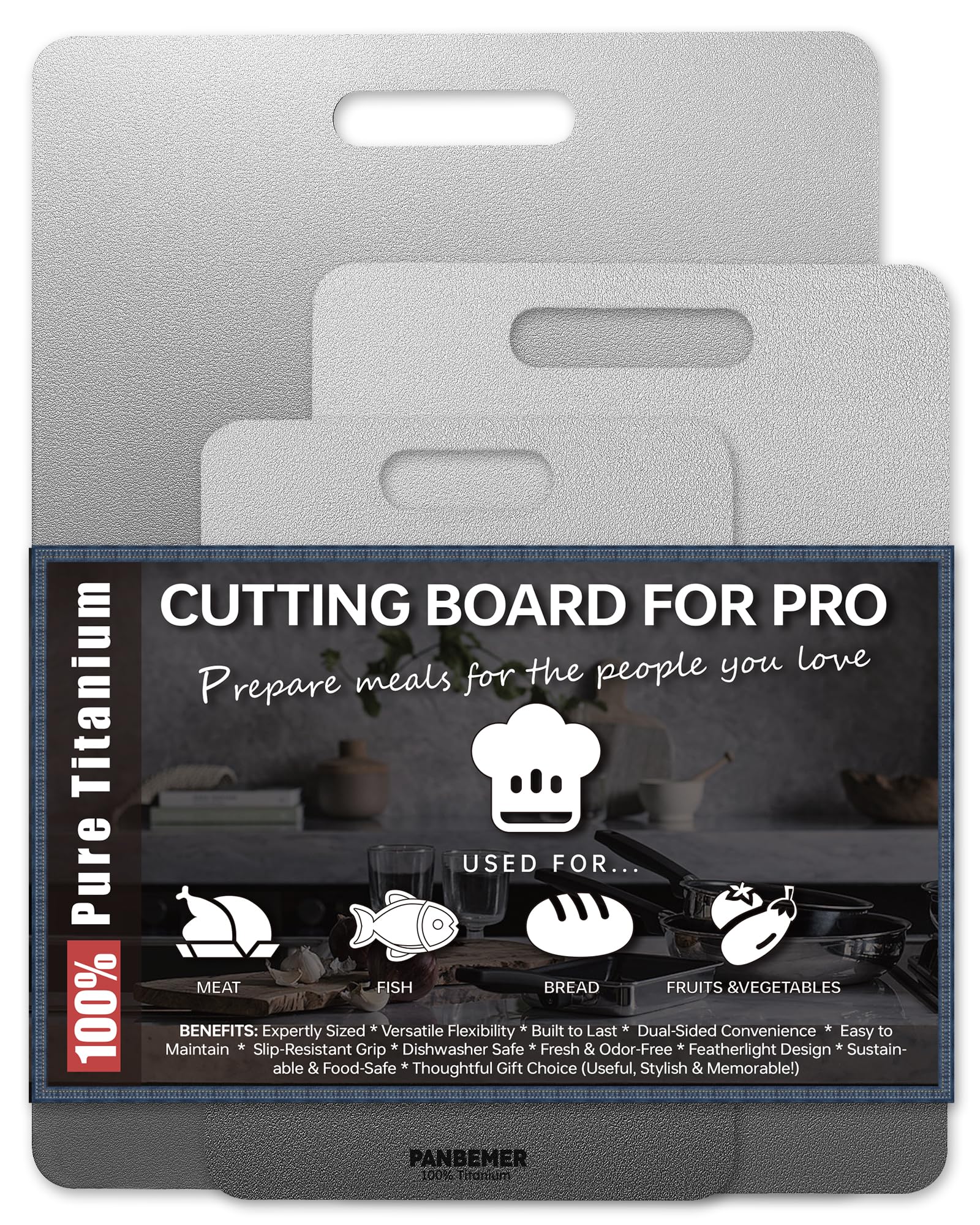 Panbemer titanium cutting board set of three—front view, durable and space-saving.
