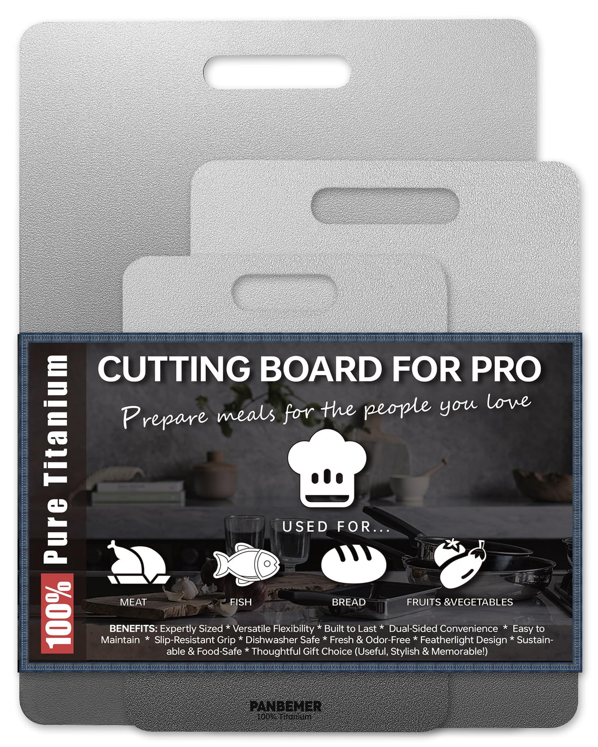 Panbemer titanium cutting board set of three—front view, durable and space-saving.