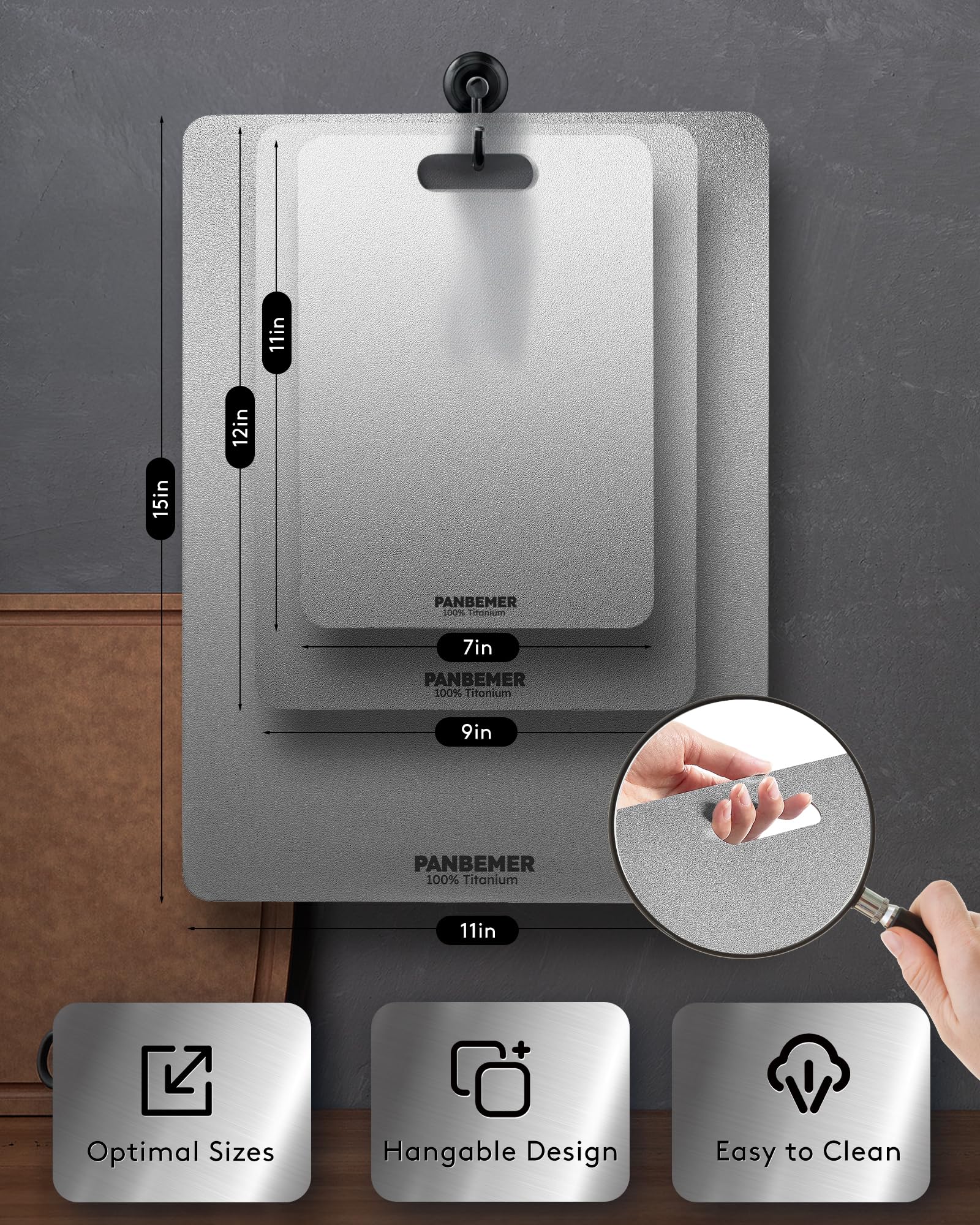 Panbemer titanium cutting board surface close-up—non-porous, easy to clean.