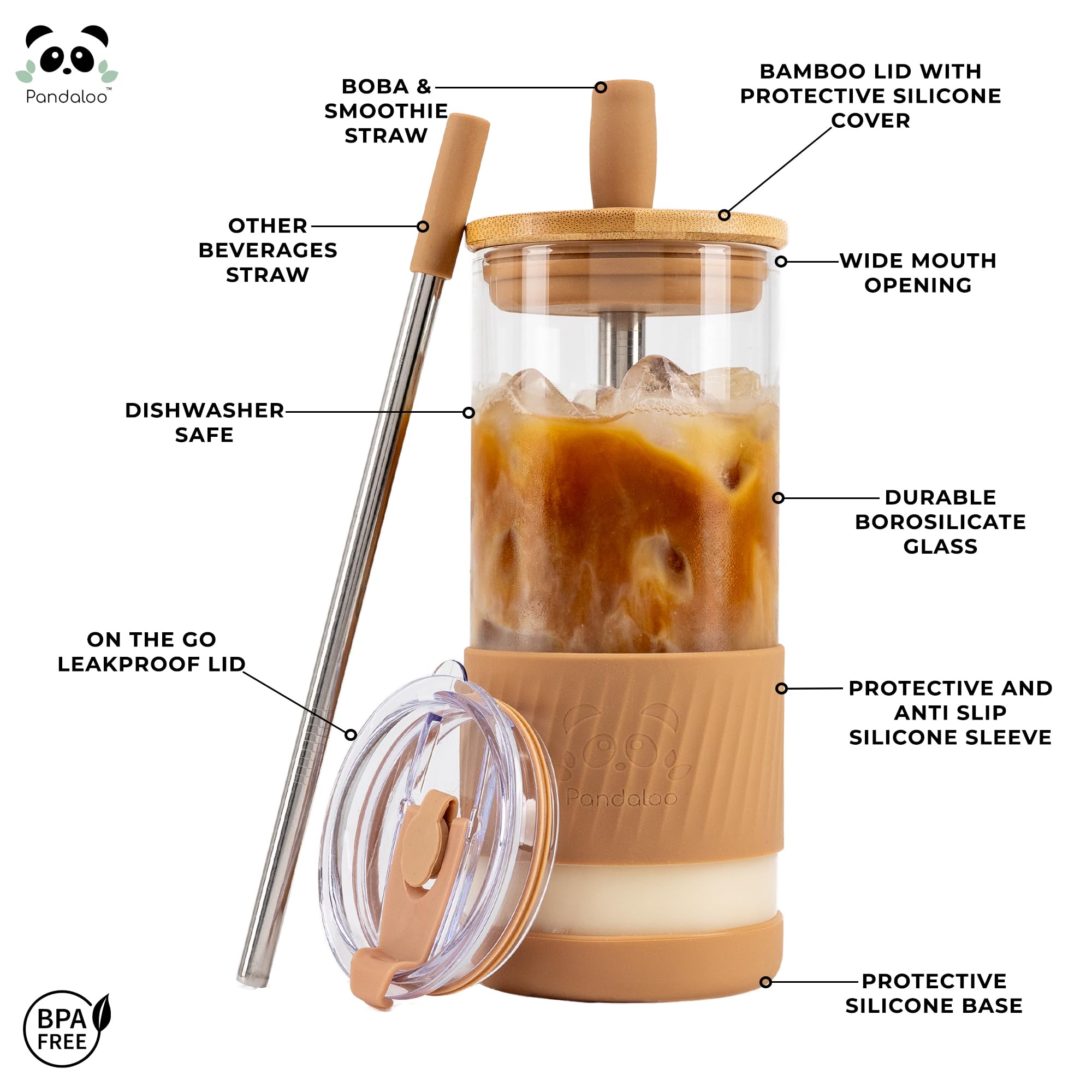 Pandaloo glass cup with straw, stainless steel, for refreshing beverages