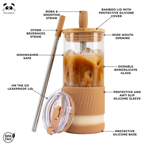 Pandaloo glass cup with straw, stainless steel, for refreshing beverages