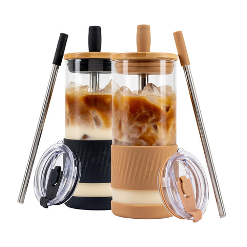 Pandaloo 20oz glass cup with lids and straws in amber for iced coffee