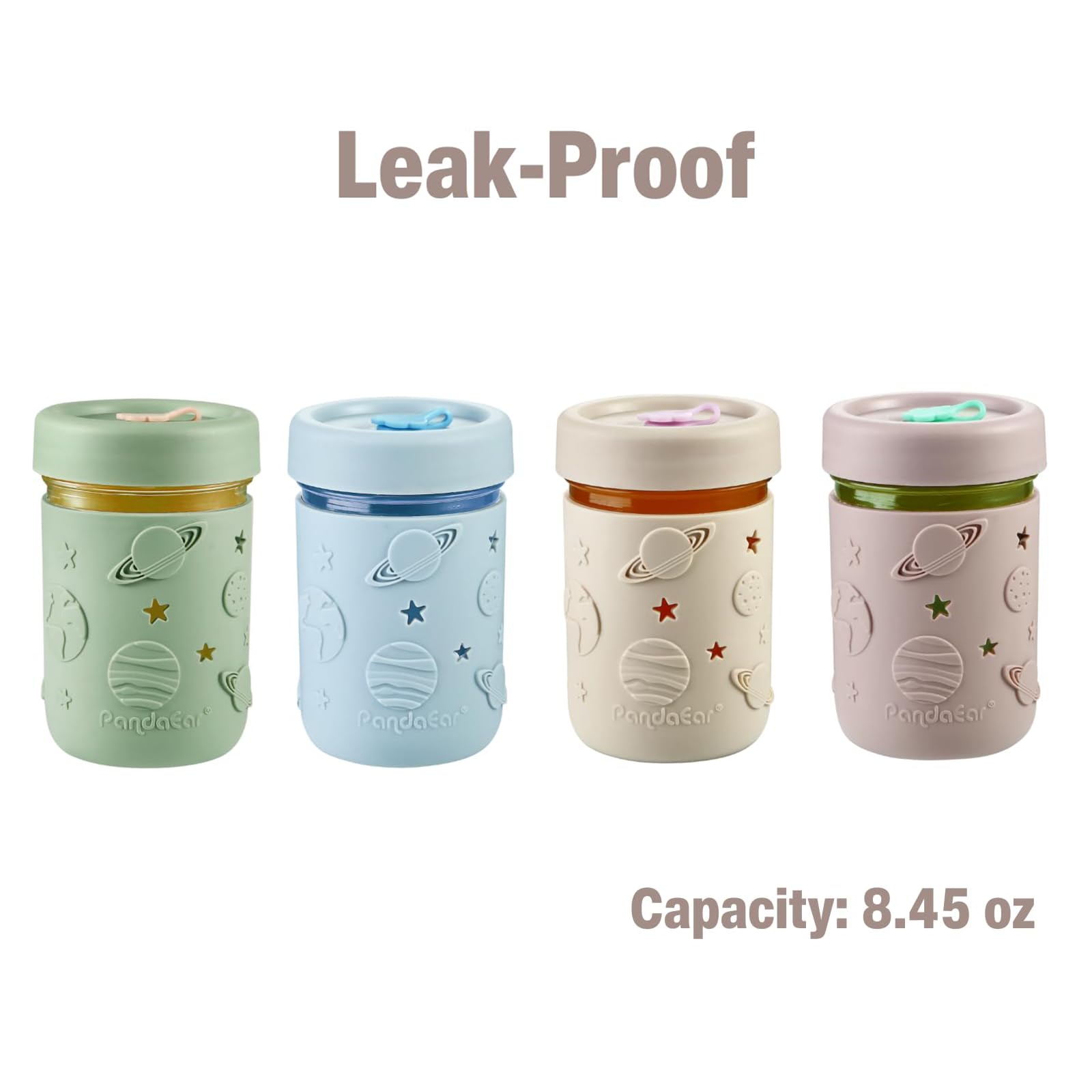 PandaEar 8.45 oz glass cup with leak-proof lid for mess-free beverages