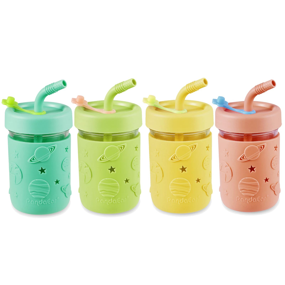 PandaEar Kids glass cups with lids demonstrate spill-free sipping for toddlers.