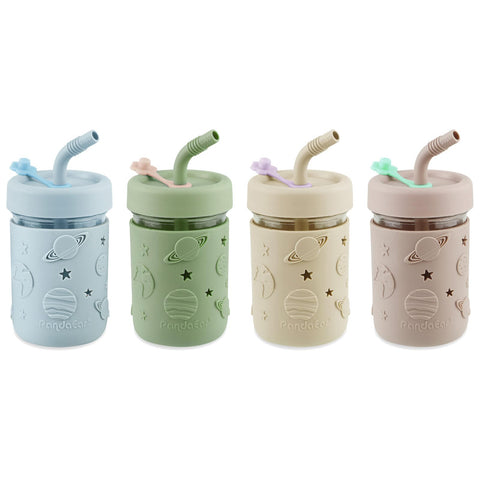 PandaEar kids glass mason jar cups with silicone sleeve for spill-resistant sipping