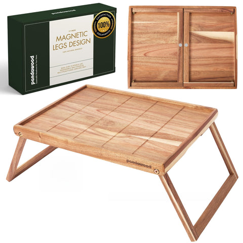 PANDAWOOD acacia bed tray with large folding legs for stable breakfast in bed