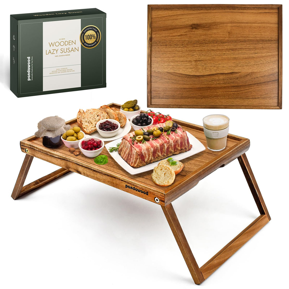 PANDAWOOD bed tray open shows sturdy acacia surface and ergonomic grip handles for easy transport.