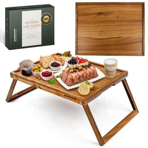 PANDAWOOD bed tray open shows sturdy acacia surface and ergonomic grip handles for easy transport.