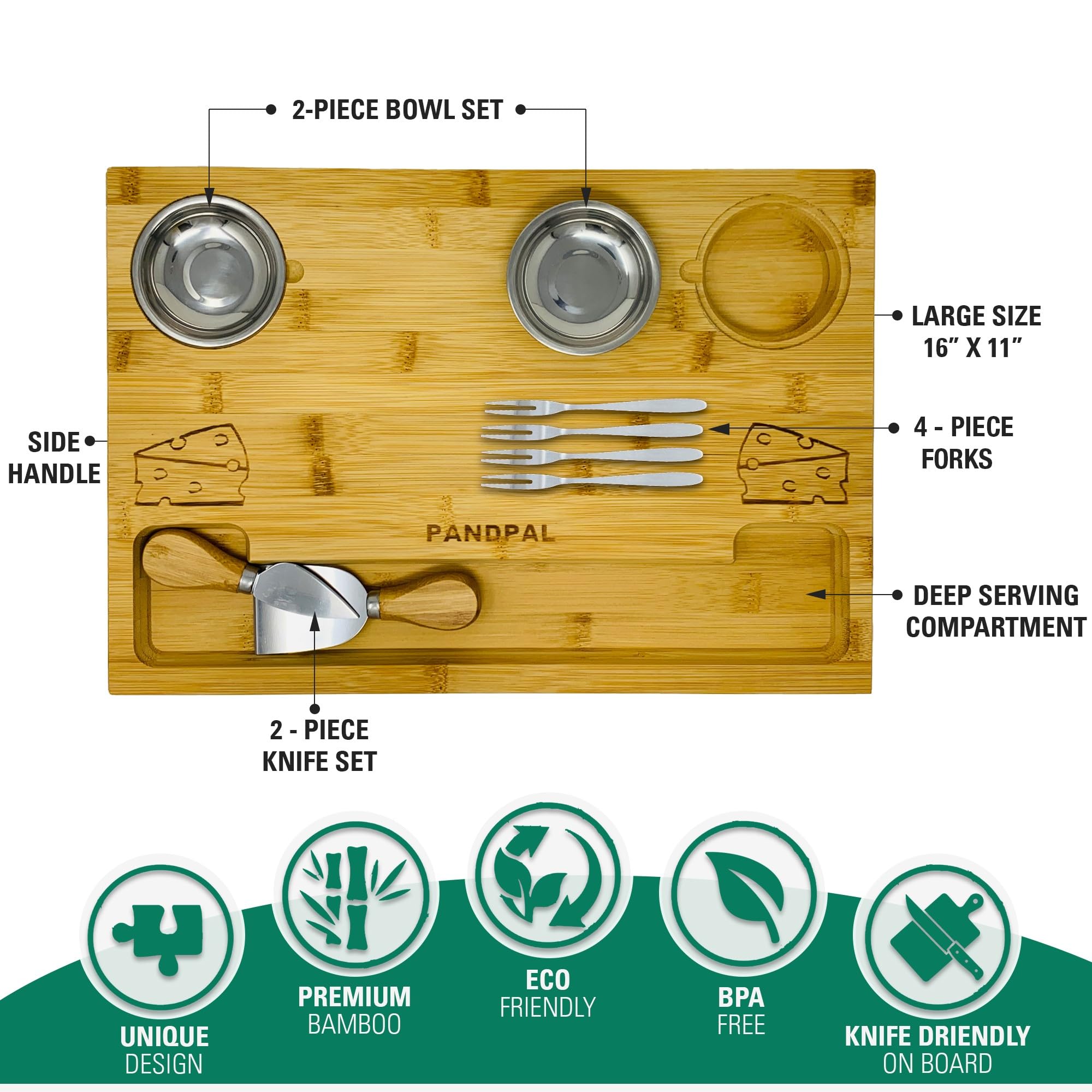 PandPal bamboo charcuterie board with side handles for easy passing