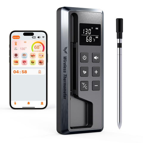 Paneceia meat thermometer setup on kitchen counter for wireless monitoring during prep