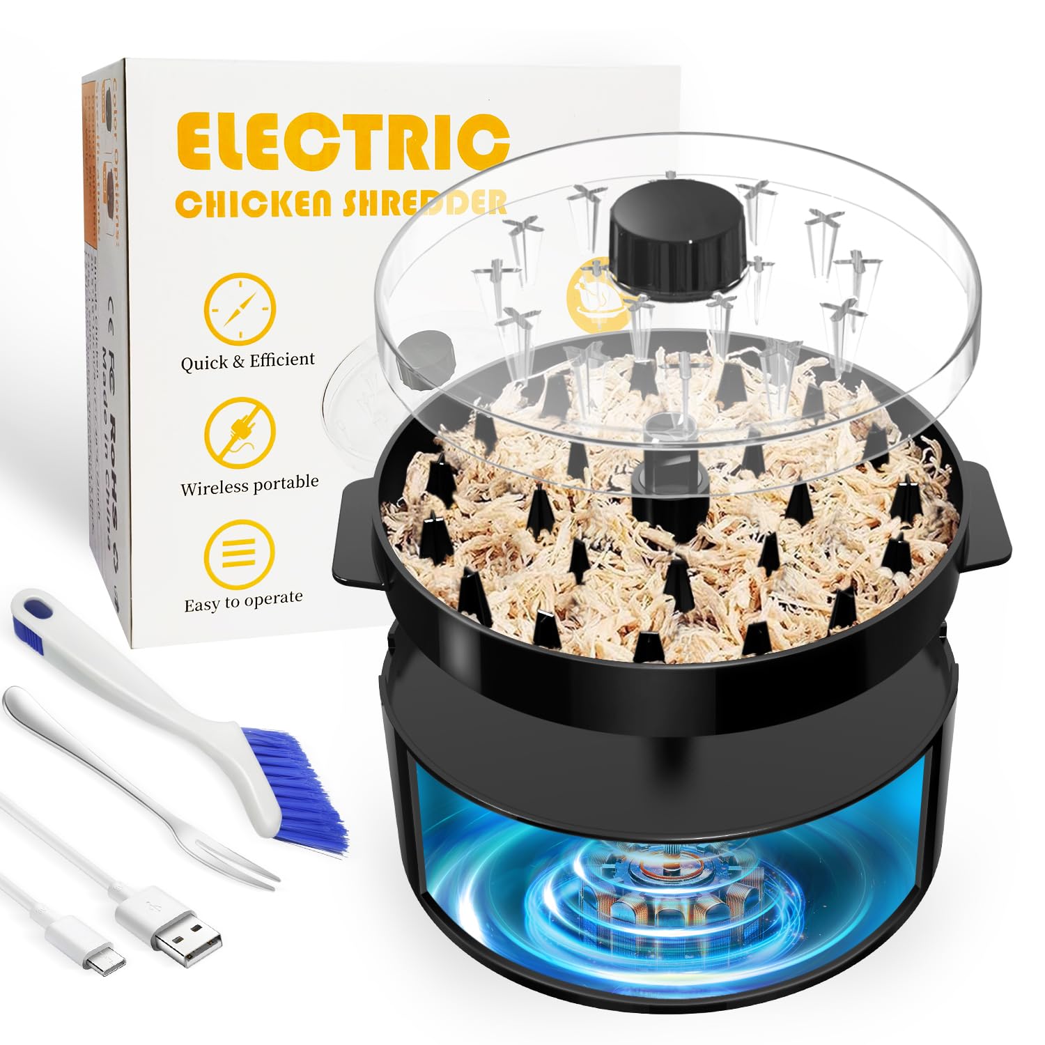PANGPENG Electric Chicken Shredder front view shows compact design for small kitchens.