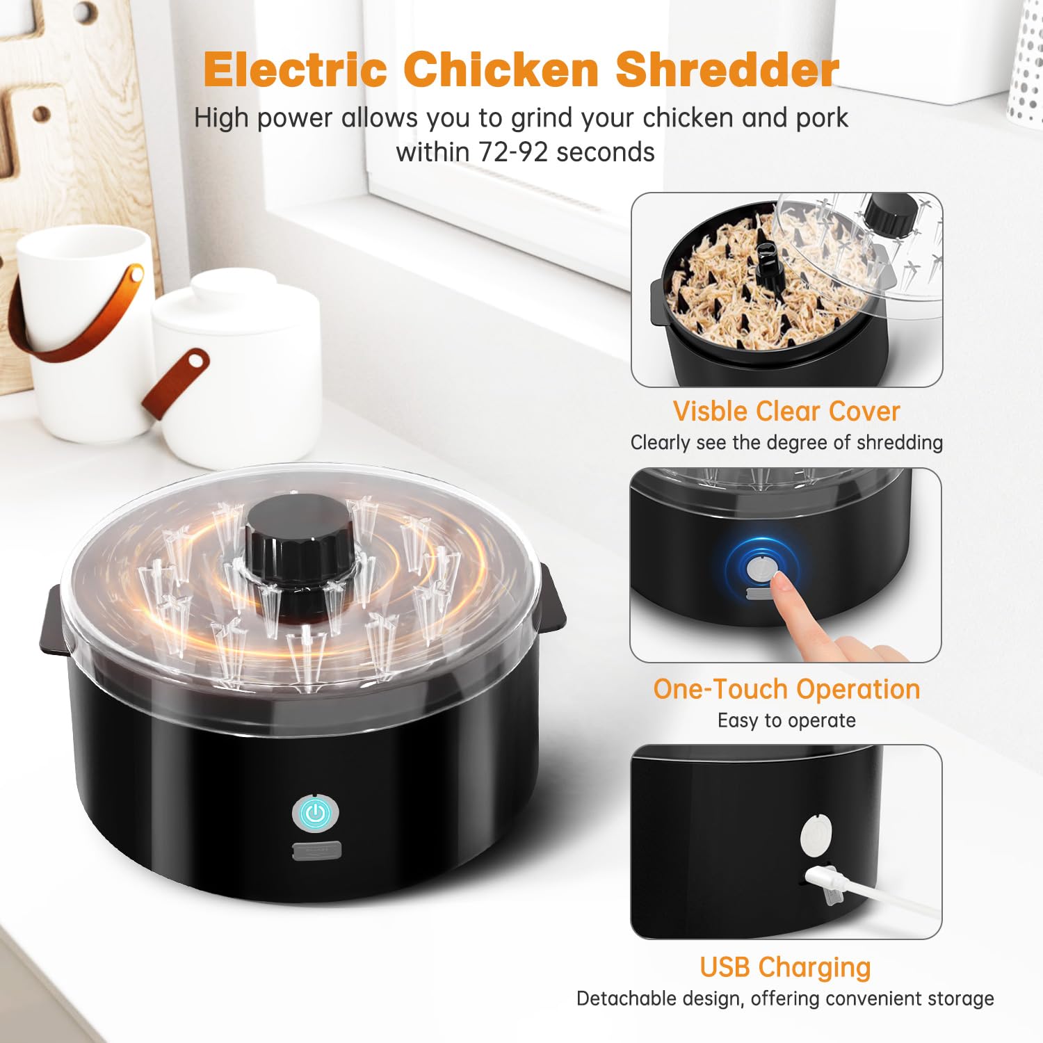 PANGPENG Electric Chicken Shredder gear settings show adjustable shredding for chunky or fine results.