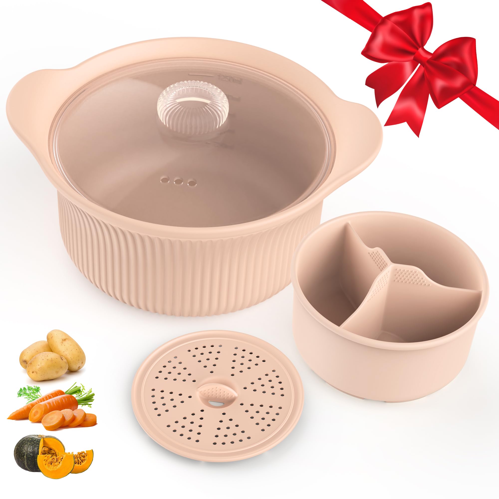 PANIMOSI 42oz microwave steamer in use to cook vibrant vegetables quickly.