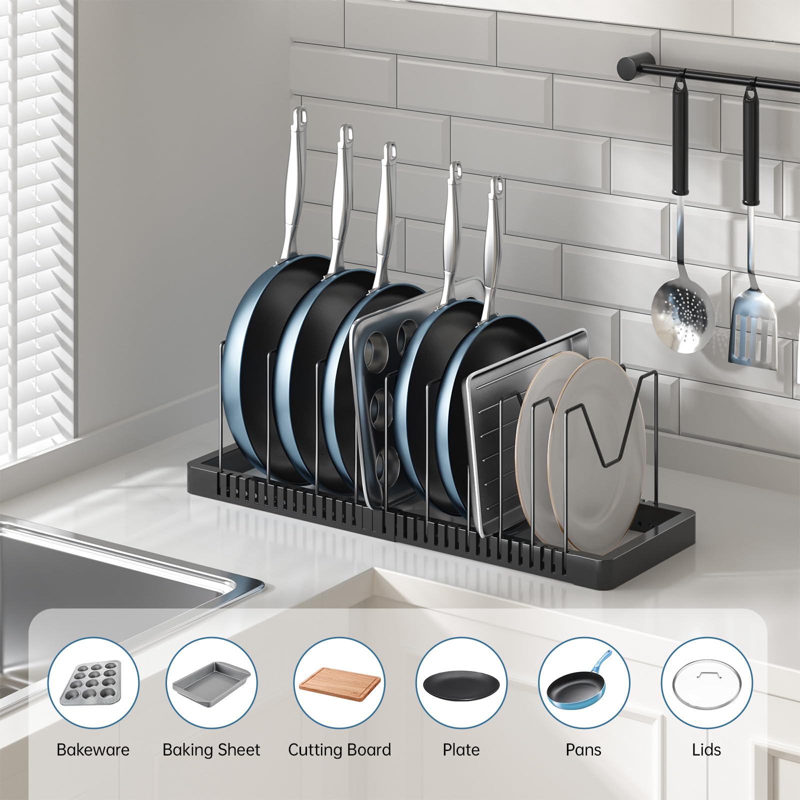 Adjustable dividers showing customizable spacing for different pot sizes.