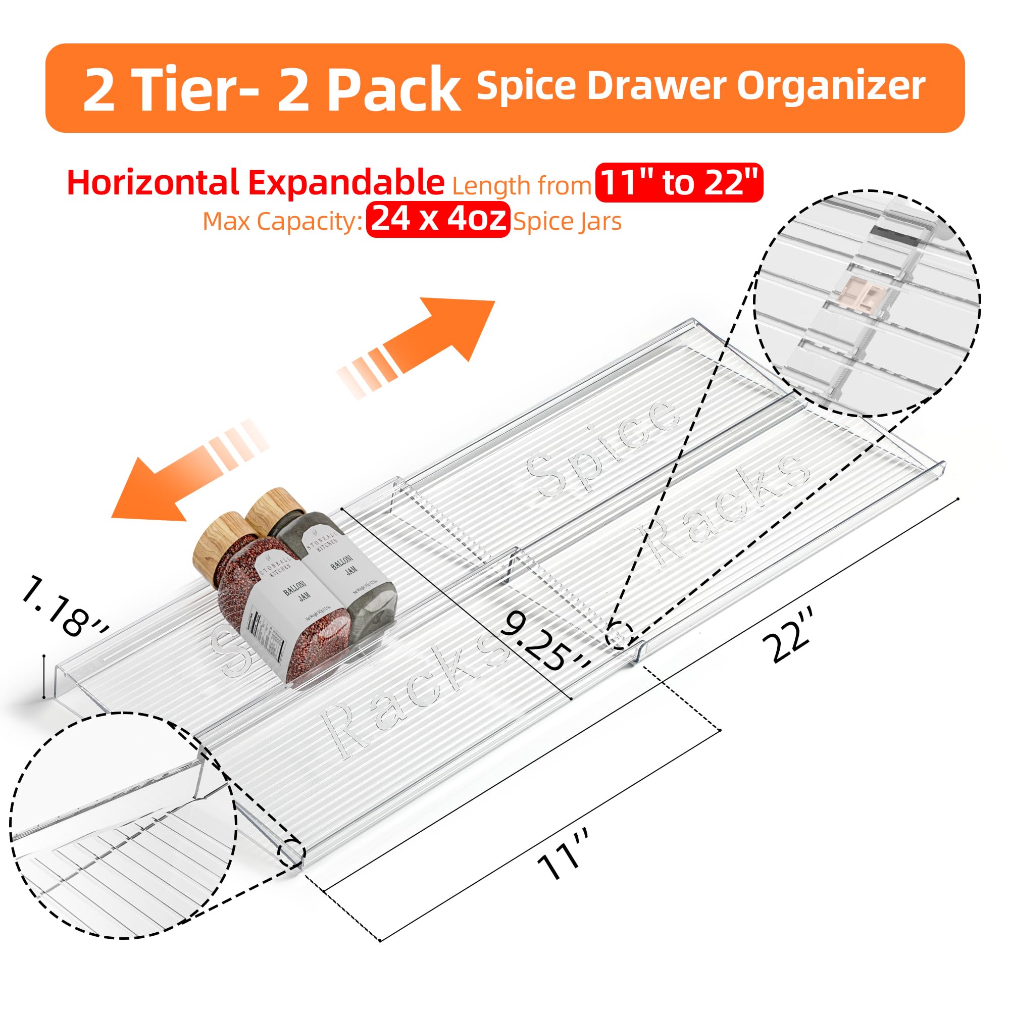 PanPanPal expandable spice rack fits wide drawers for flexible kitchen organization.