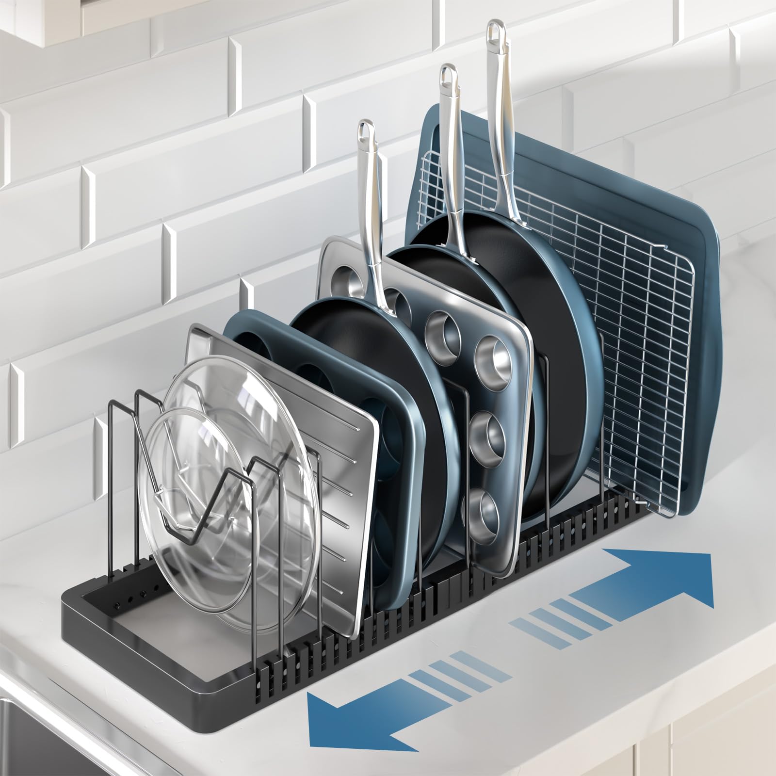 Lid and cookware organizer in cabinet keeps essentials within reach.