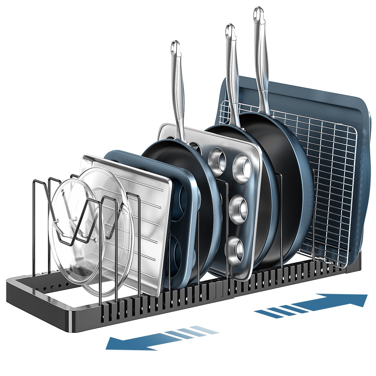 PanPanPal pots and pans organizer under cabinet with organized lids for easy access.