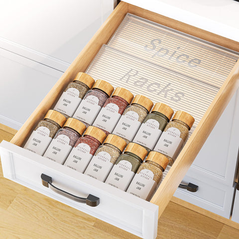 PanPanPal Spice Drawer Organizer 2-Tier in a drawer, clear visibility for fast spice access.