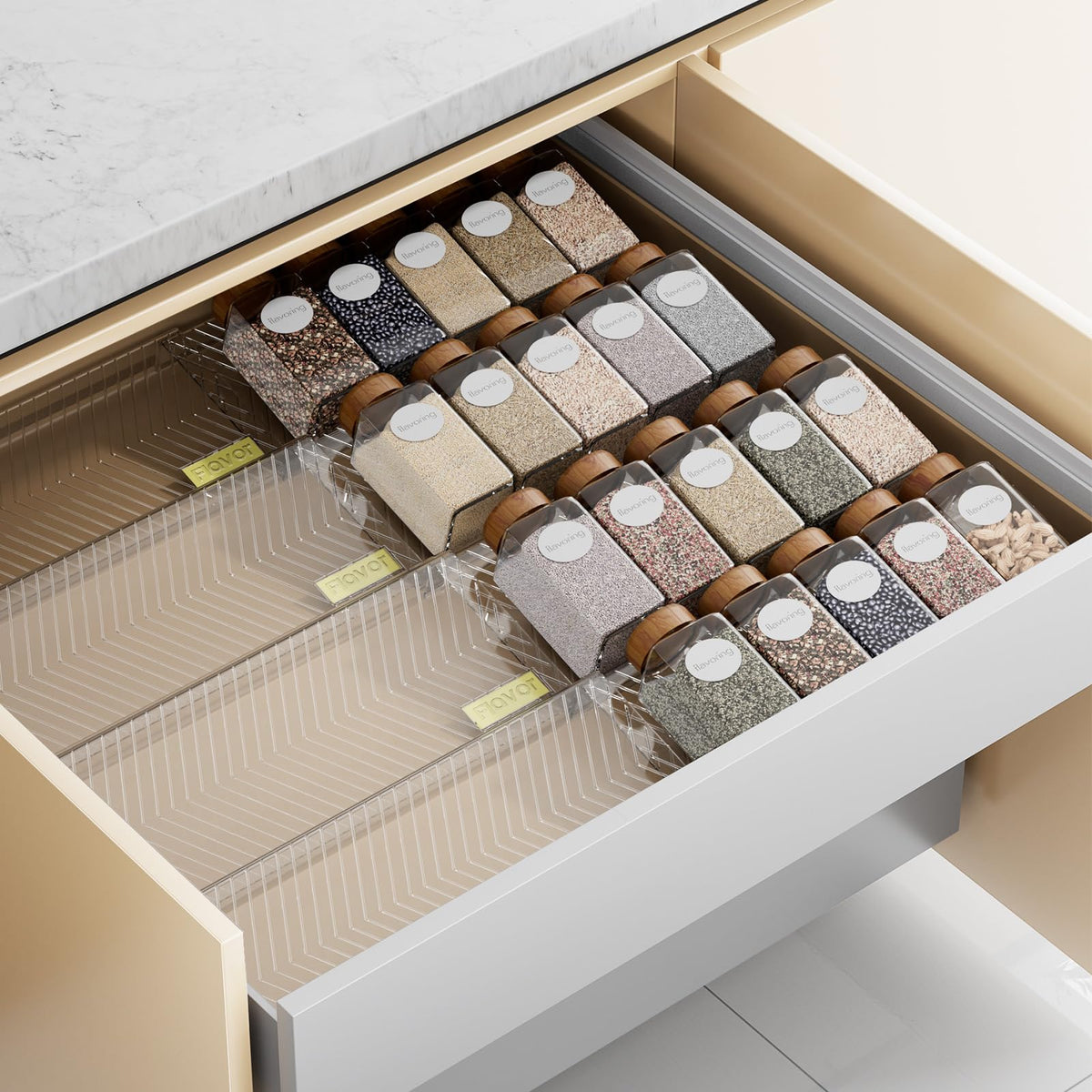 PanPanPal spice drawer organizer extended fits drawers of varying sizes for easy access.