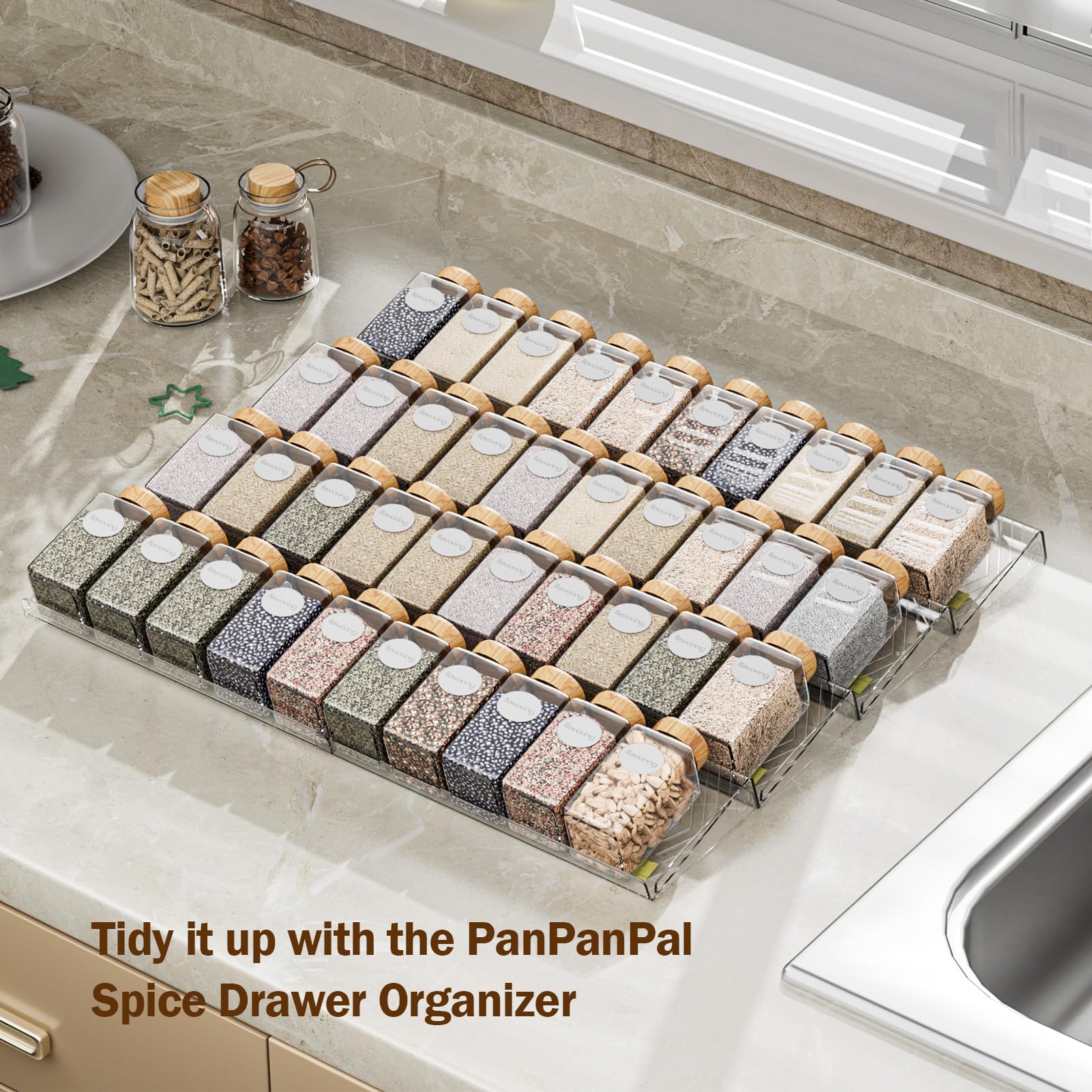 PanPanPal two-tier spice rack organizes spices with visible, easy-to-reach levels.