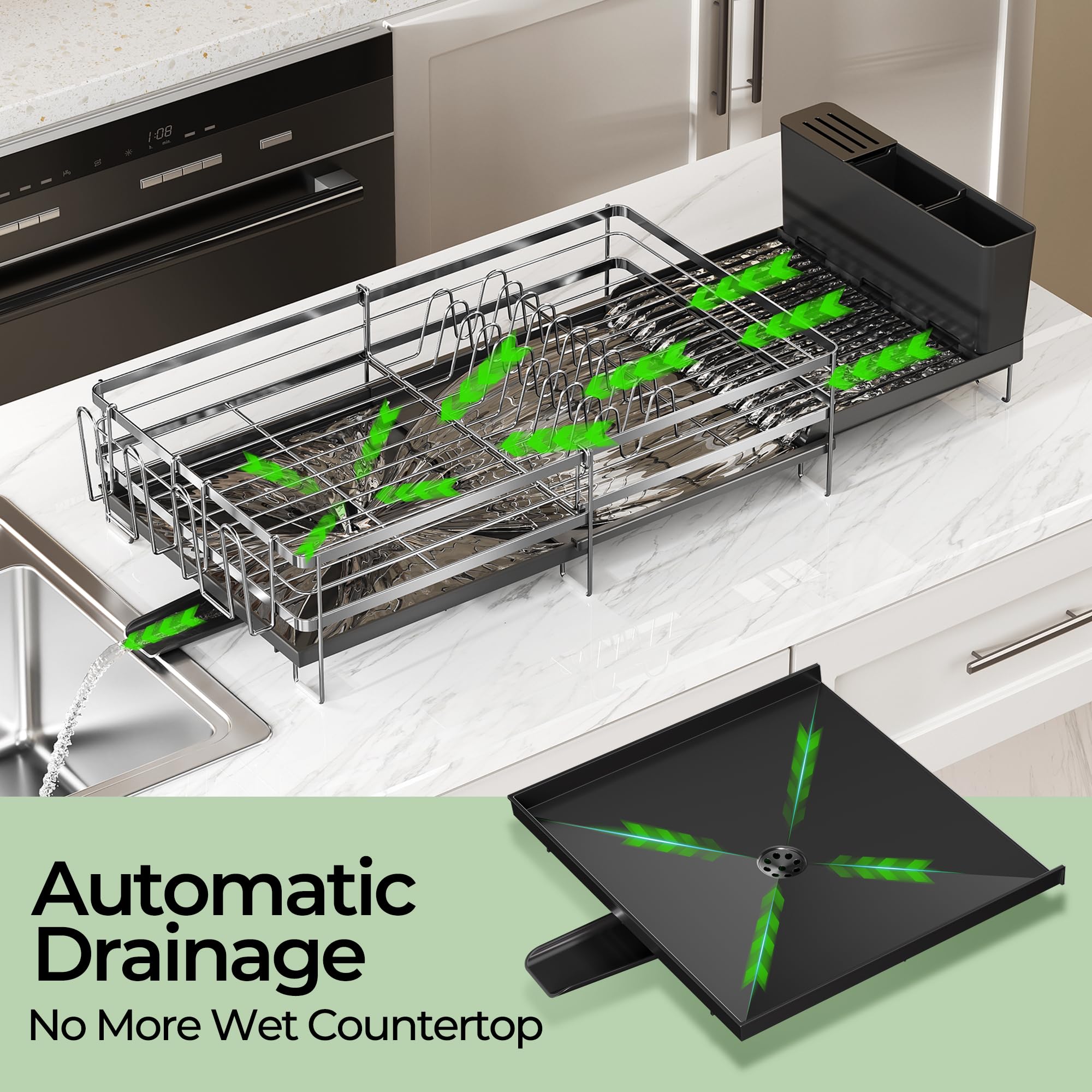 Pantasia Dish Drying Rack with 8 silicone feet for stable counter placement.