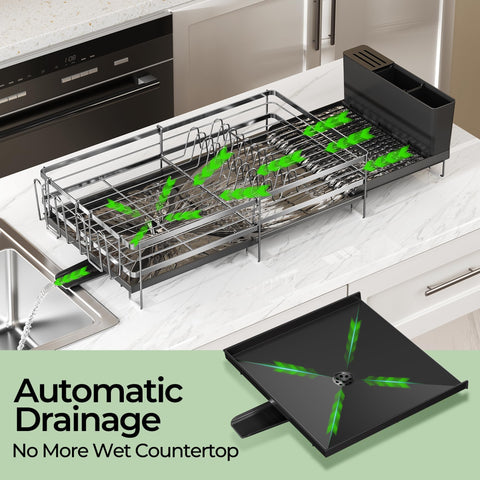 Pantasia Dish Drying Rack with 8 silicone feet for stable counter placement.