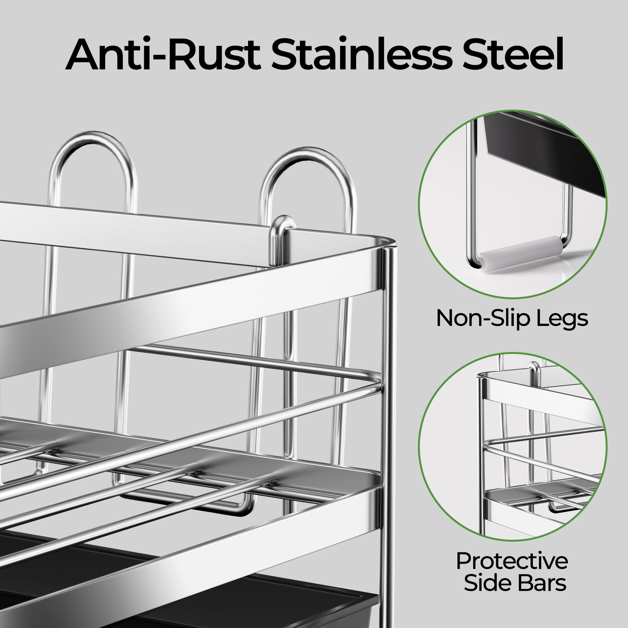 Pantasia Dish Drying Rack drainage tray demonstrates water drainage toward the sink.