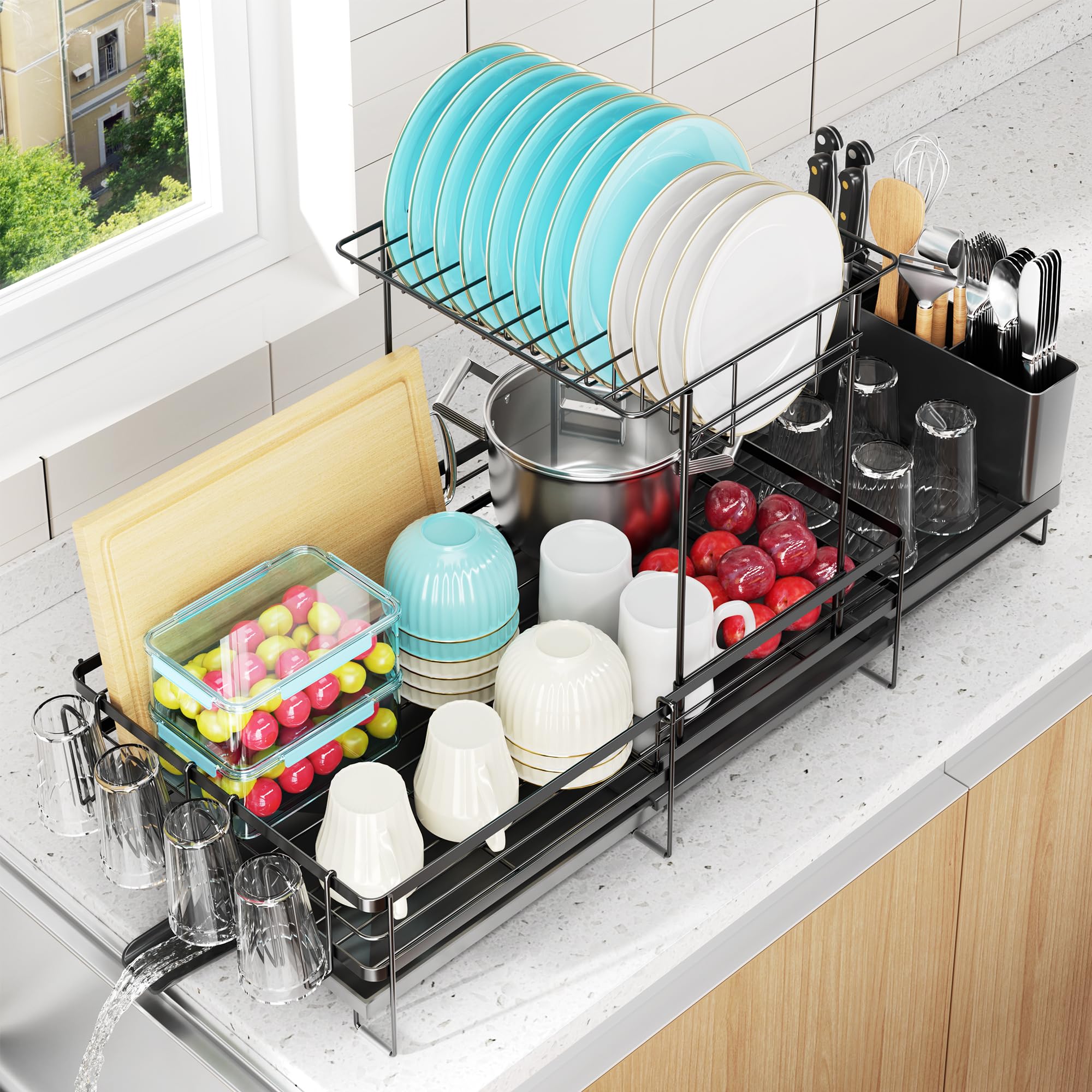 Pantasia 2-Tier Dish Rack extended to fit larger counters for flexible storage