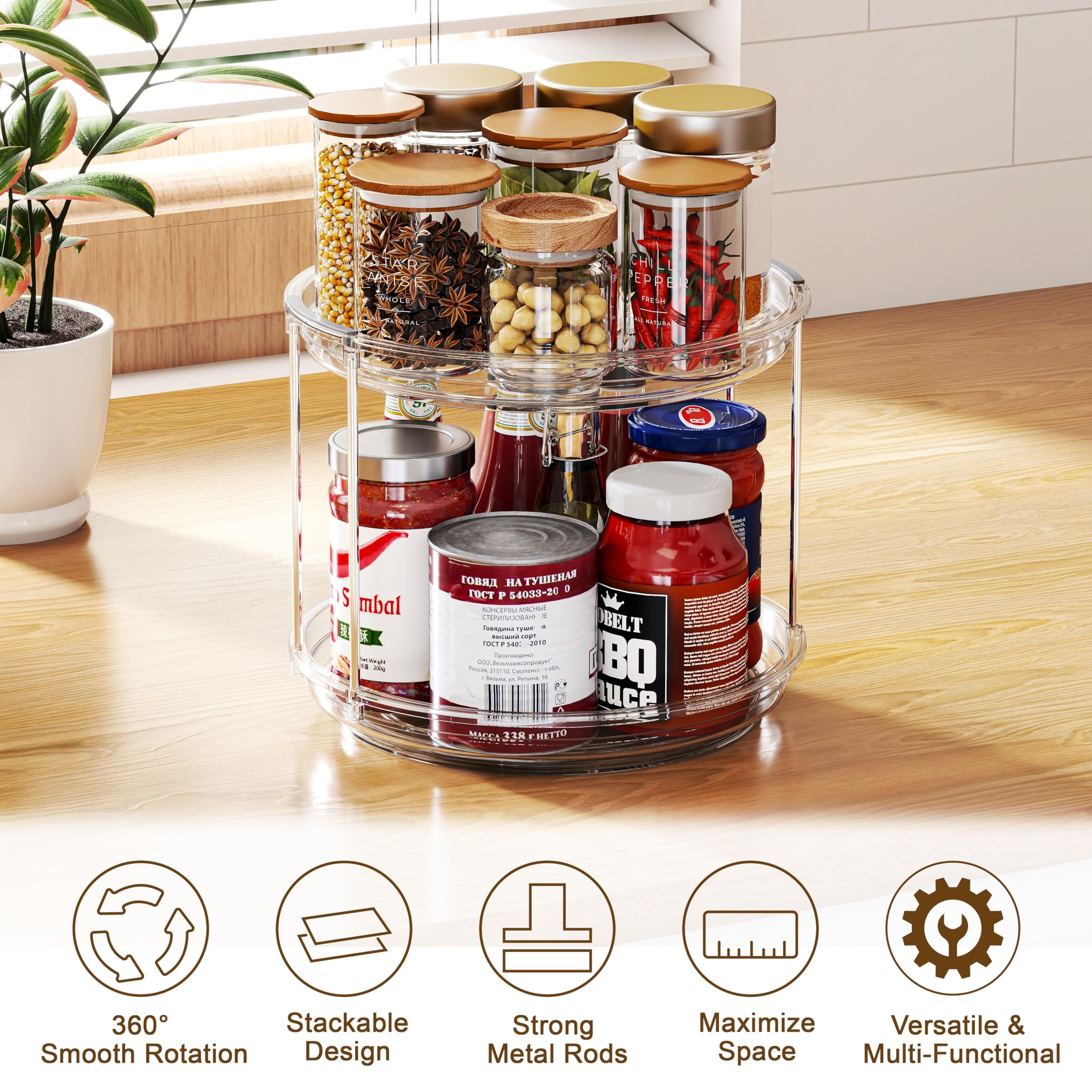 Pantasia double-layer lazy susan in cabinet showing two levels of storage