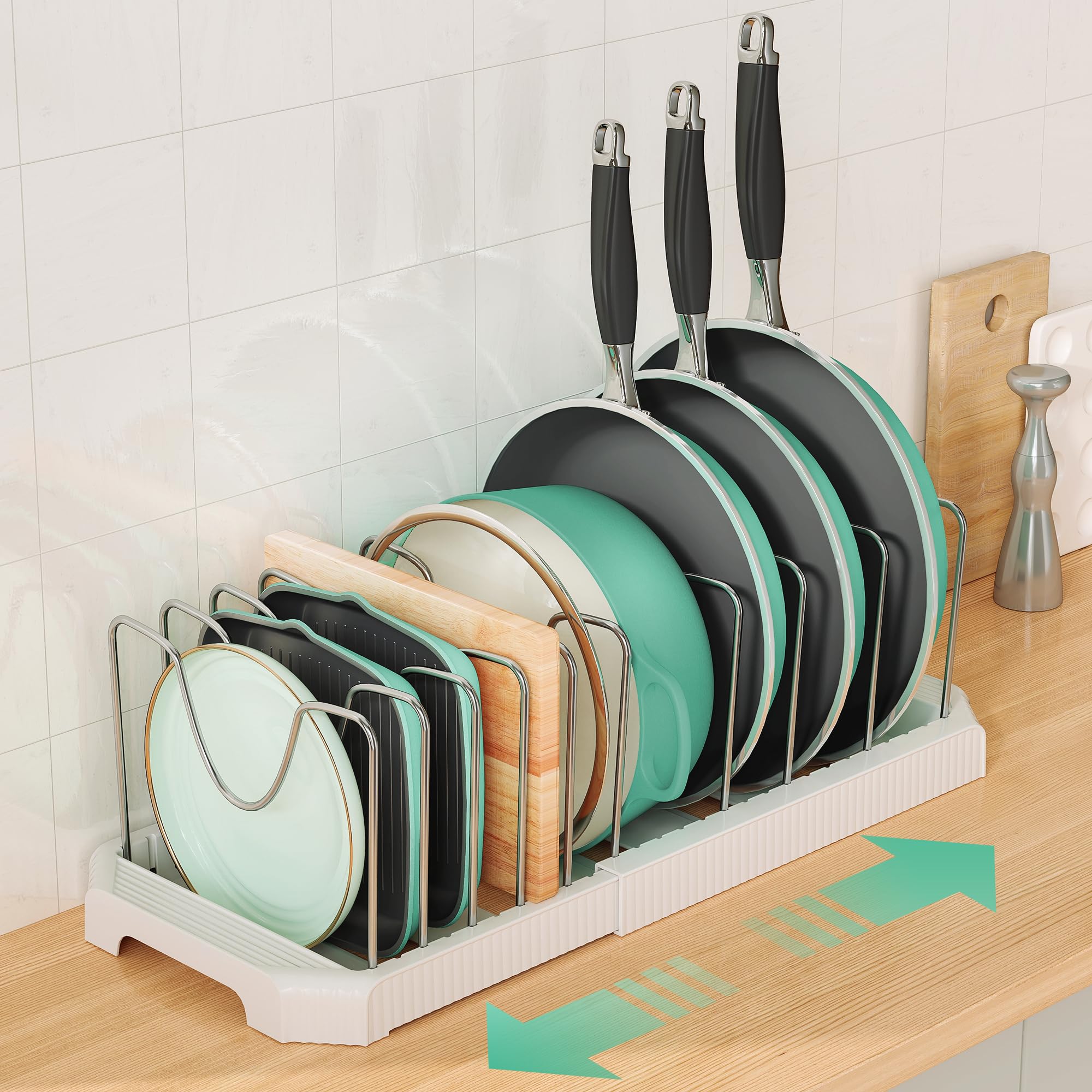 Pantasia expandable pan rack with 10 dividers keeps cookware neatly organized and within reach