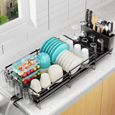 Pantasia large dish drying rack fully extended showing maximum countertop capacity
