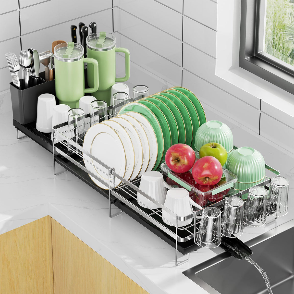 Pantasia Large Dish Drying Rack extended to handle a full load of plates and bowls.