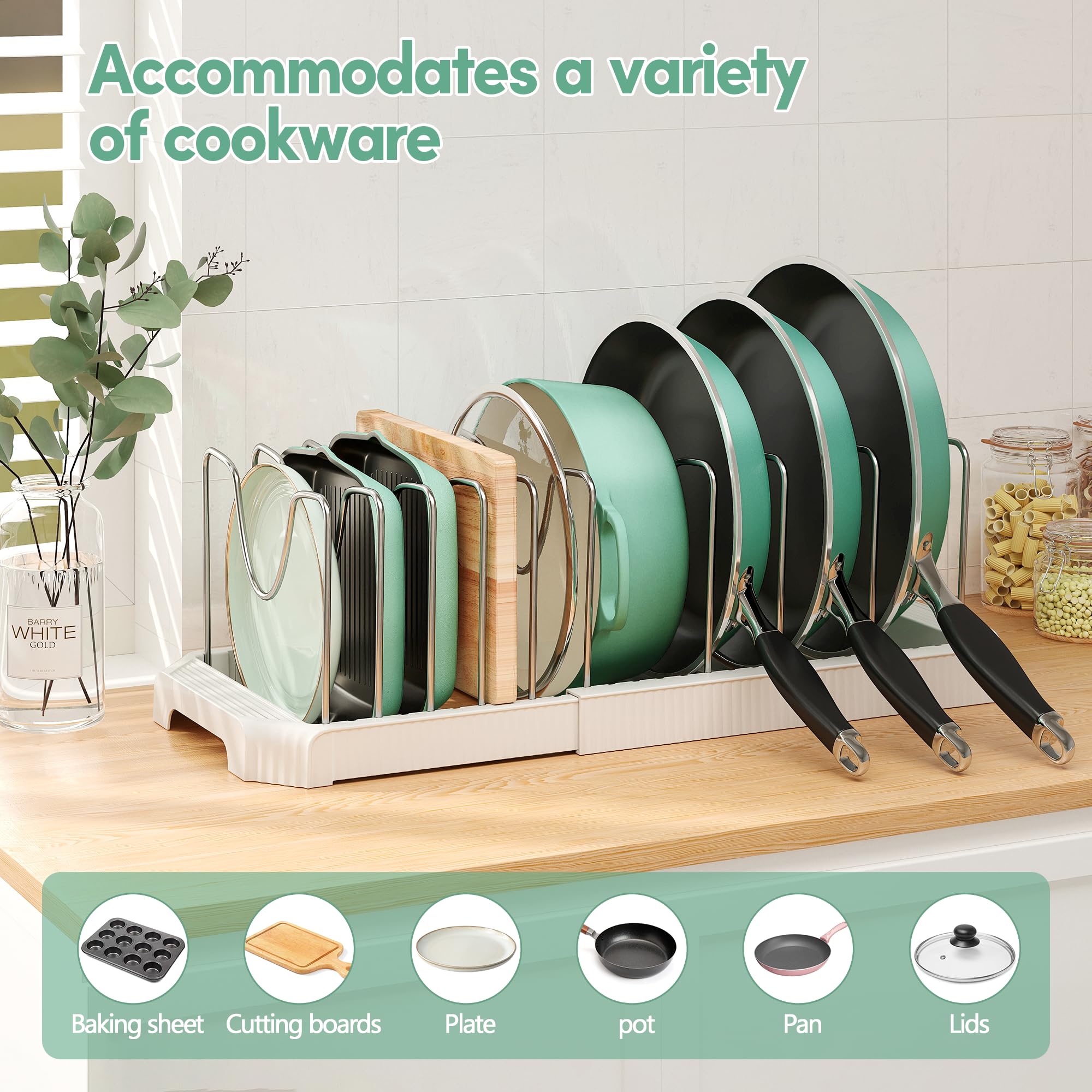 Pantasia pot lid and cutting board organizer keeps lids and boards neatly arranged