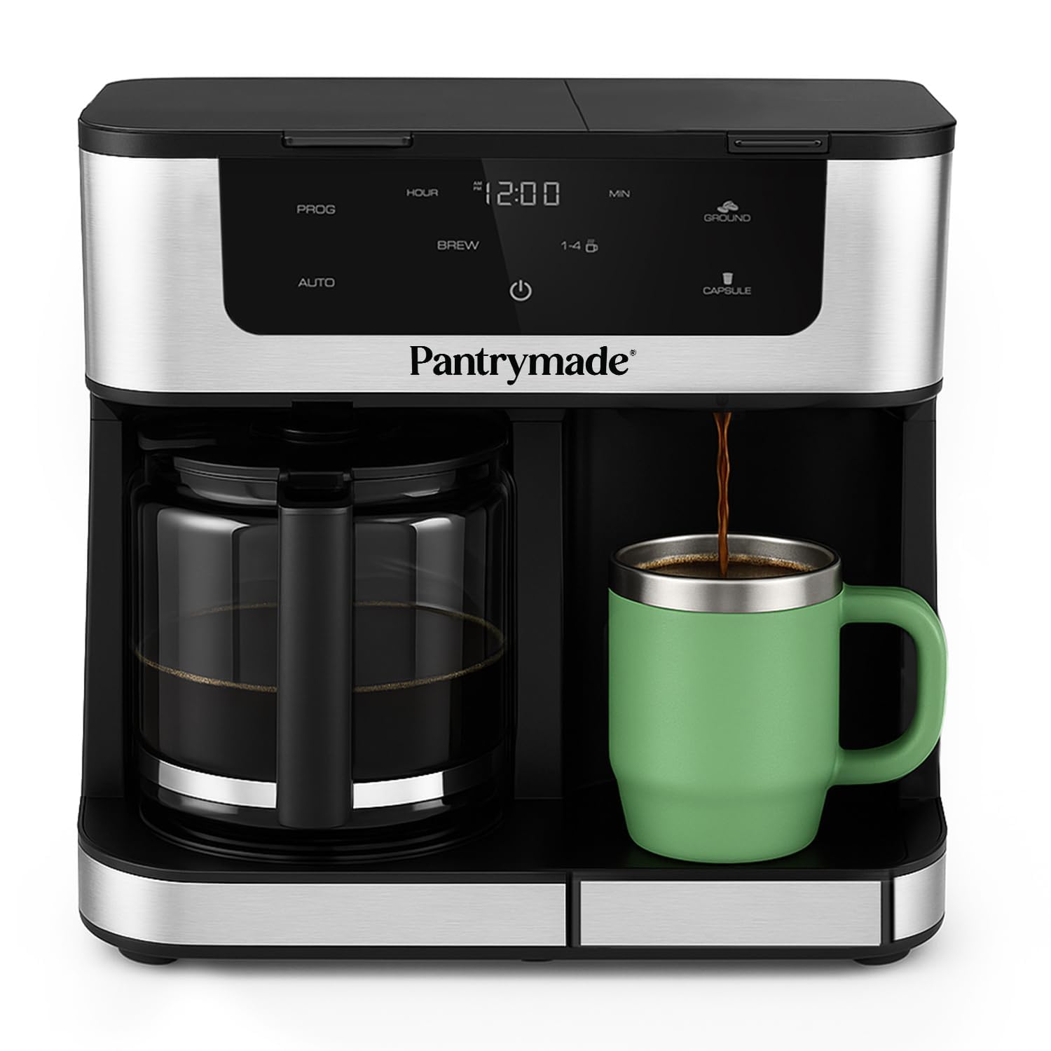 Pantrymade Deluxe 12-cup coffee maker with glass carafe for group brewing.