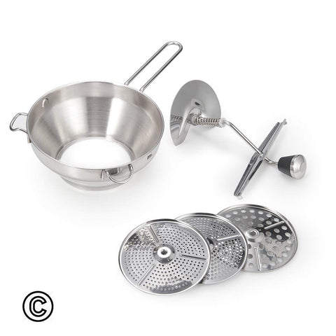 Pantula food mill assembly showing easy-crank design for simple operation.