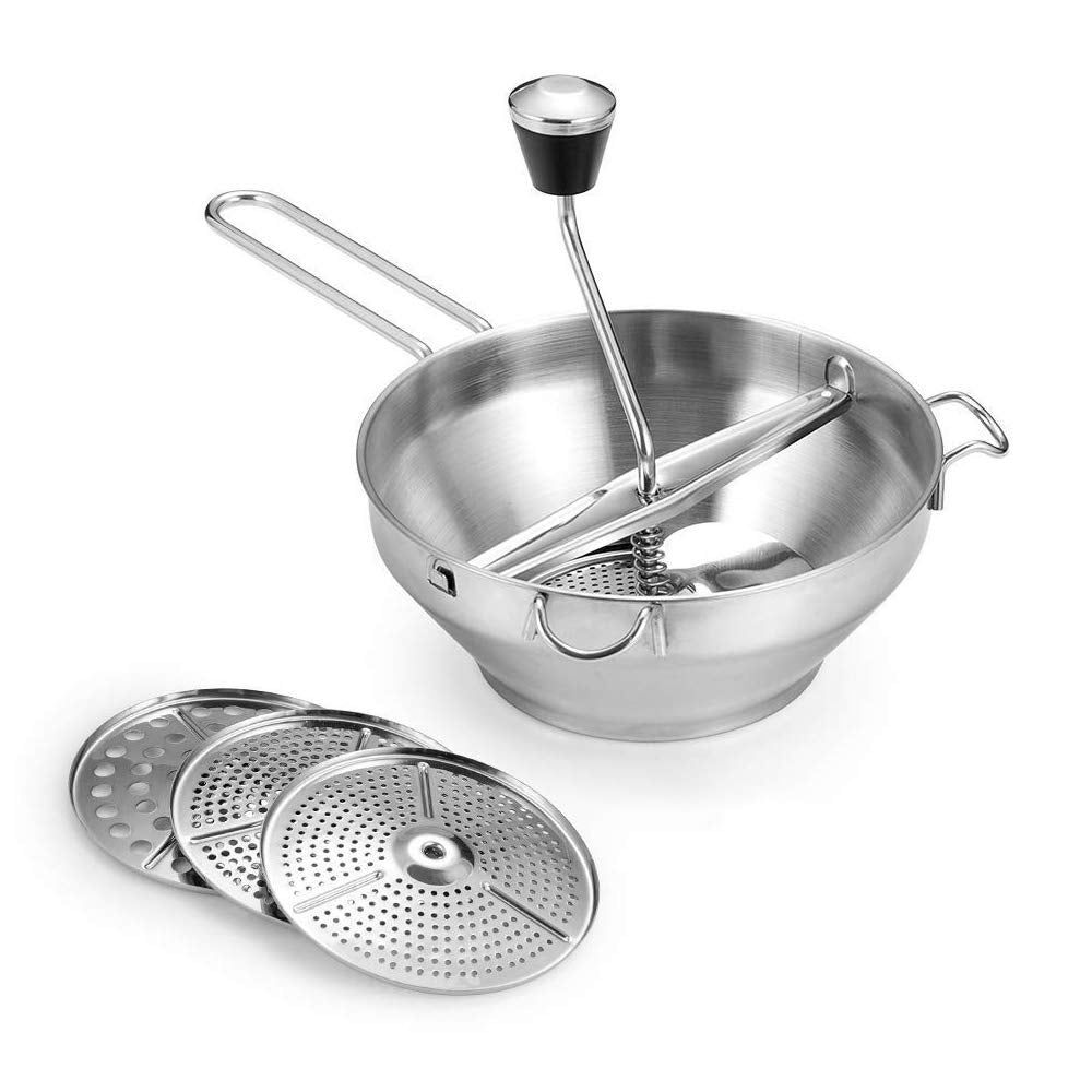 Pantula rotary food mill with three disks for adjustable textures in purees.